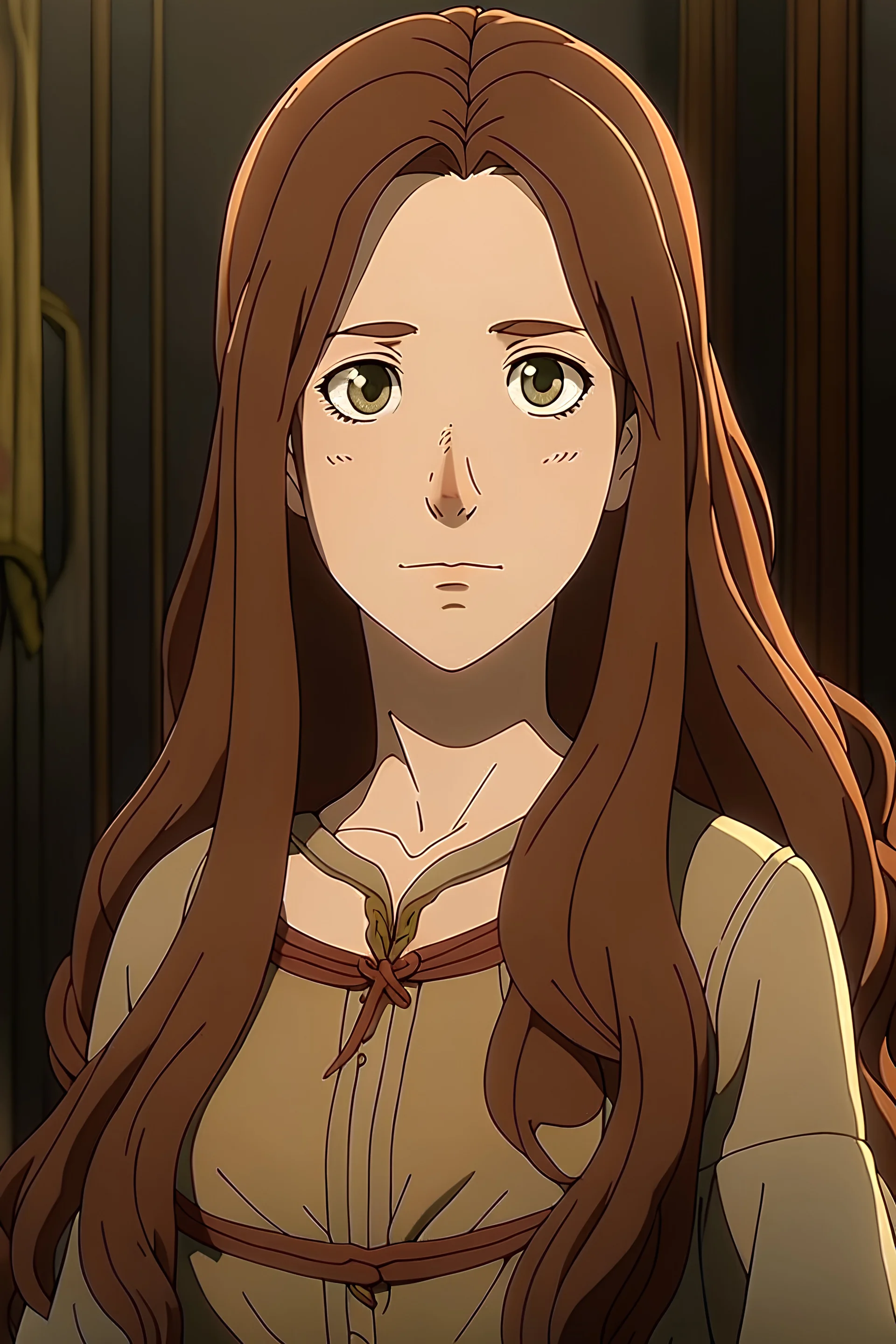 Animé, femme medieval, cheveux long brun, yeux brun, debout, sans fond d'écran