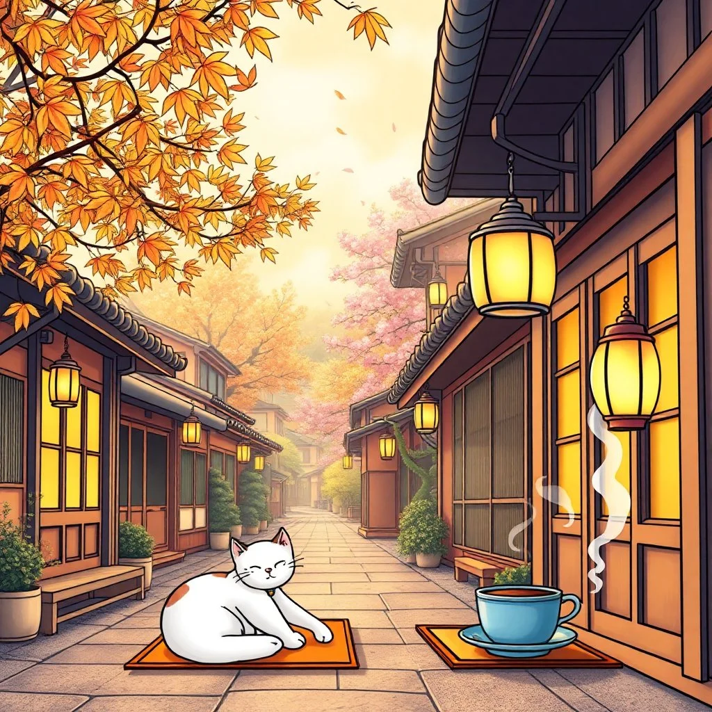 Create a book cover for "Cozy Japan Coloring Book" featuring a tranquil street scene in a traditional Japanese village during early autumn. Delicate maple leaves drift through the air, while warm lantern light glows from small wooden houses with sliding paper doors. A peaceful cat naps on a tatami mat by the door, and steam curls up from a teacup on a windowsill. Cherry blossom trees mingle with golden foliage in the background, and soft light spills over the rooftops. The scene is rich with tex