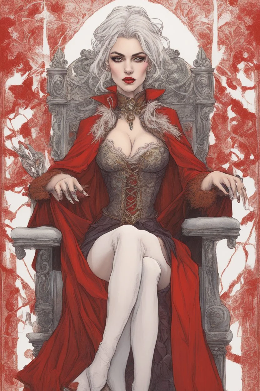 Beautiful white haired Vampire queen on her throne, drawing. Wearing a red cloak with a fur collar. Portrait, waist up