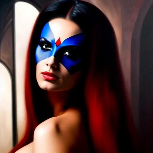 portrait of beautiful busty Raven Darkhölme (Mystique) painting by Brom , oil on canvas, cinematic composition, extreme detail,fit full head inside picture,8k