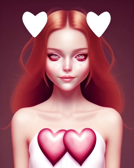 girl, happy, closed mouth smile, surrounded by hearts, brown hair, long hair, brown eyes, close up portrait, pink top