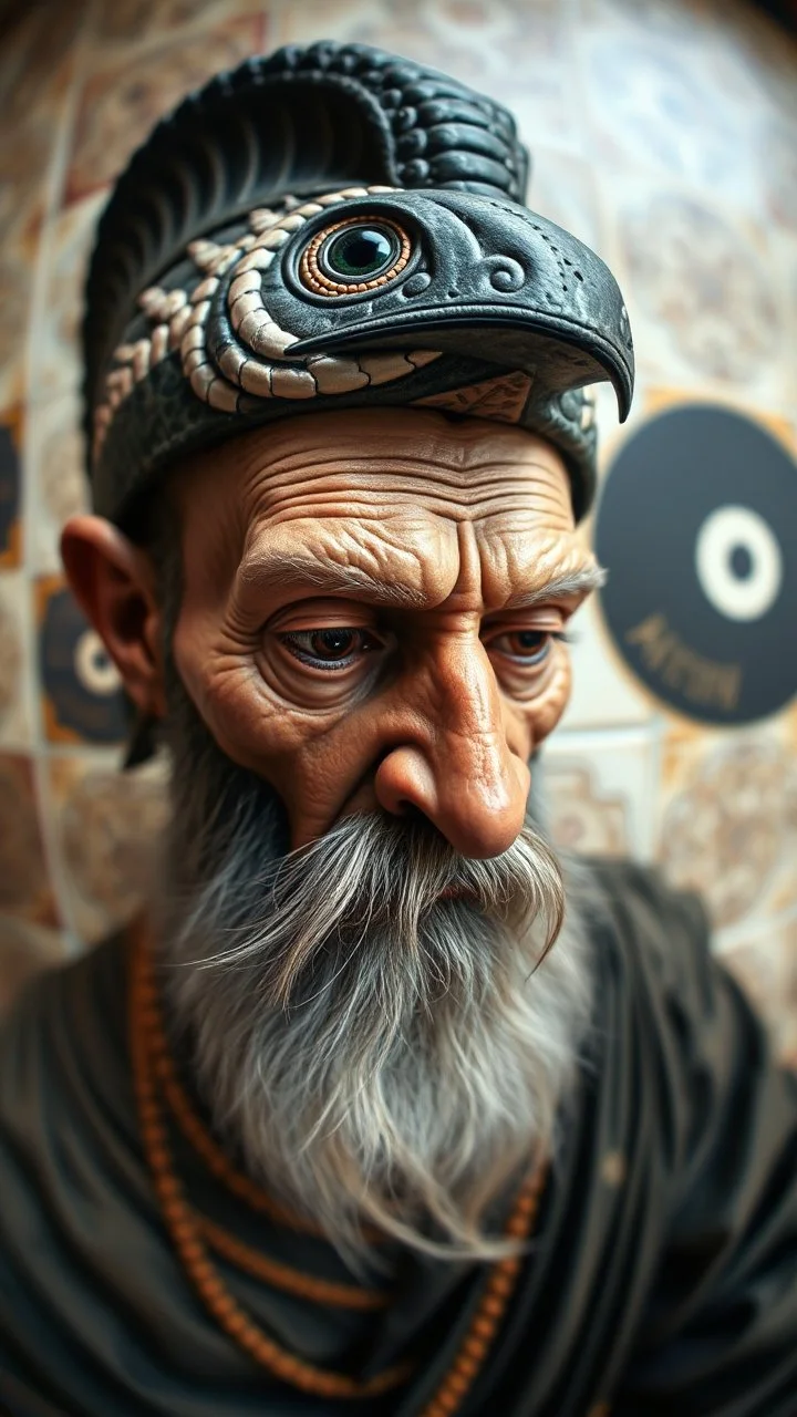 fish eye lense, master oil painting by Rembrandt, realistic rendering Portrait of the Apkallu sage who were sent by the god Ea to teach civilization to humanity before the flood. They were depicted as half-human and half-fish or bird, and were associated with wisdom, magic, and culture. blurred tile yin yang pattern background, brightened edges to give a sense of depth
