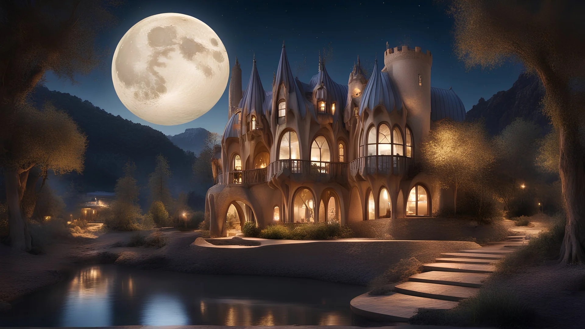 beautiful house, perfect architecture, style Antoni Gaudi, rural environment, night, moon, stars, volumetric lighting, trees, river, distant mountains, award-winning photograph, photorealism, superb details, light and shade, beautiful composition, arts-and-crafts, attractive, peaceful, exquisite