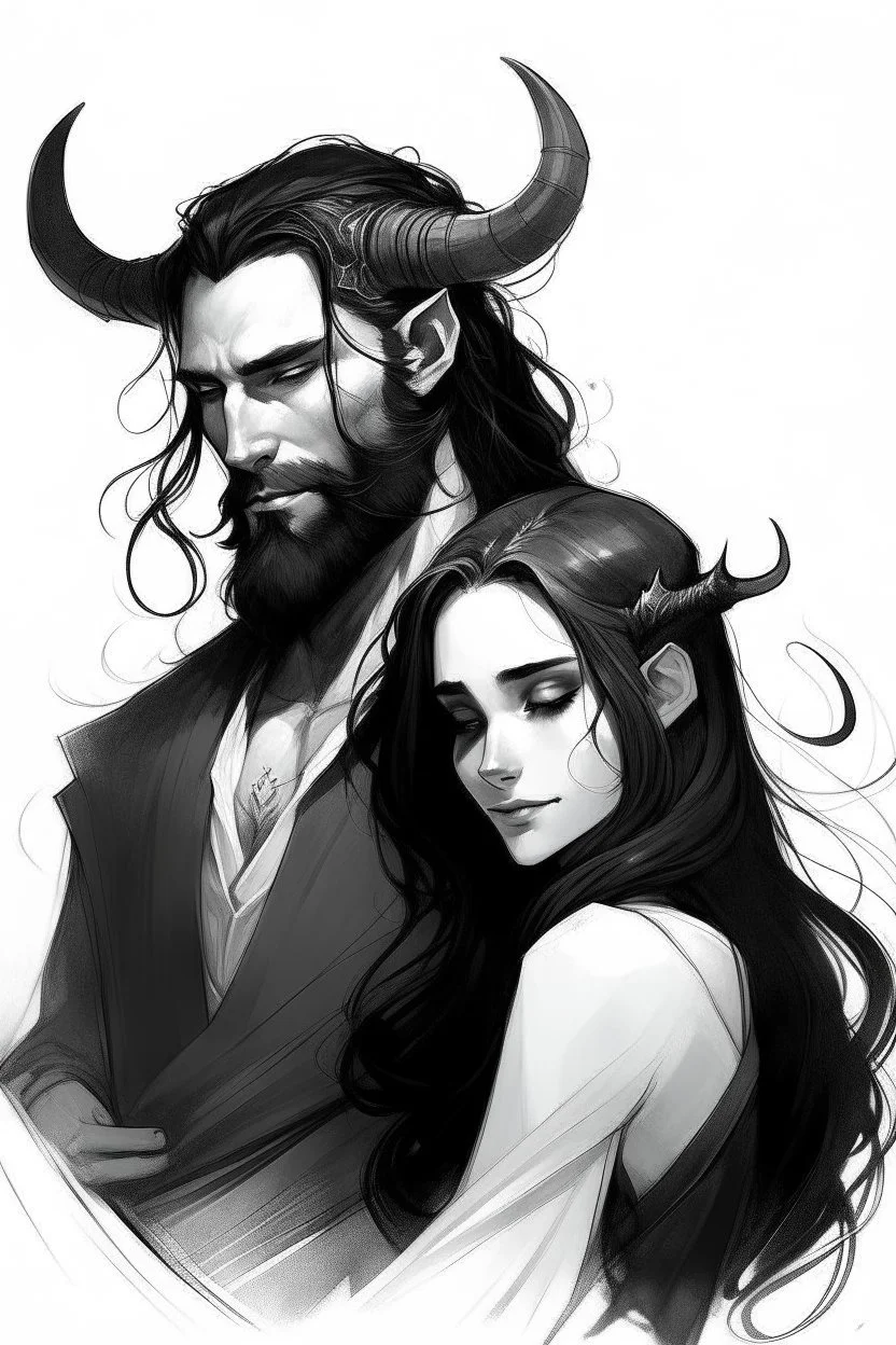 Sketch, Beard, dark hair, demon prince, horns, handsome, mysterious, gentle, embracing a beautiful woman with long dark hair