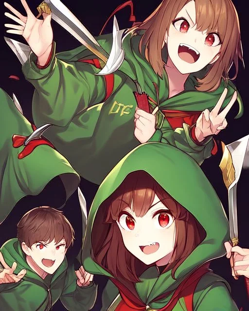 A character with short brown hair, red eyes who wears a green blouse open with its hood, holds a bright red knife, Smile insanely and very angry, dark background Very dark and HQ Manga.