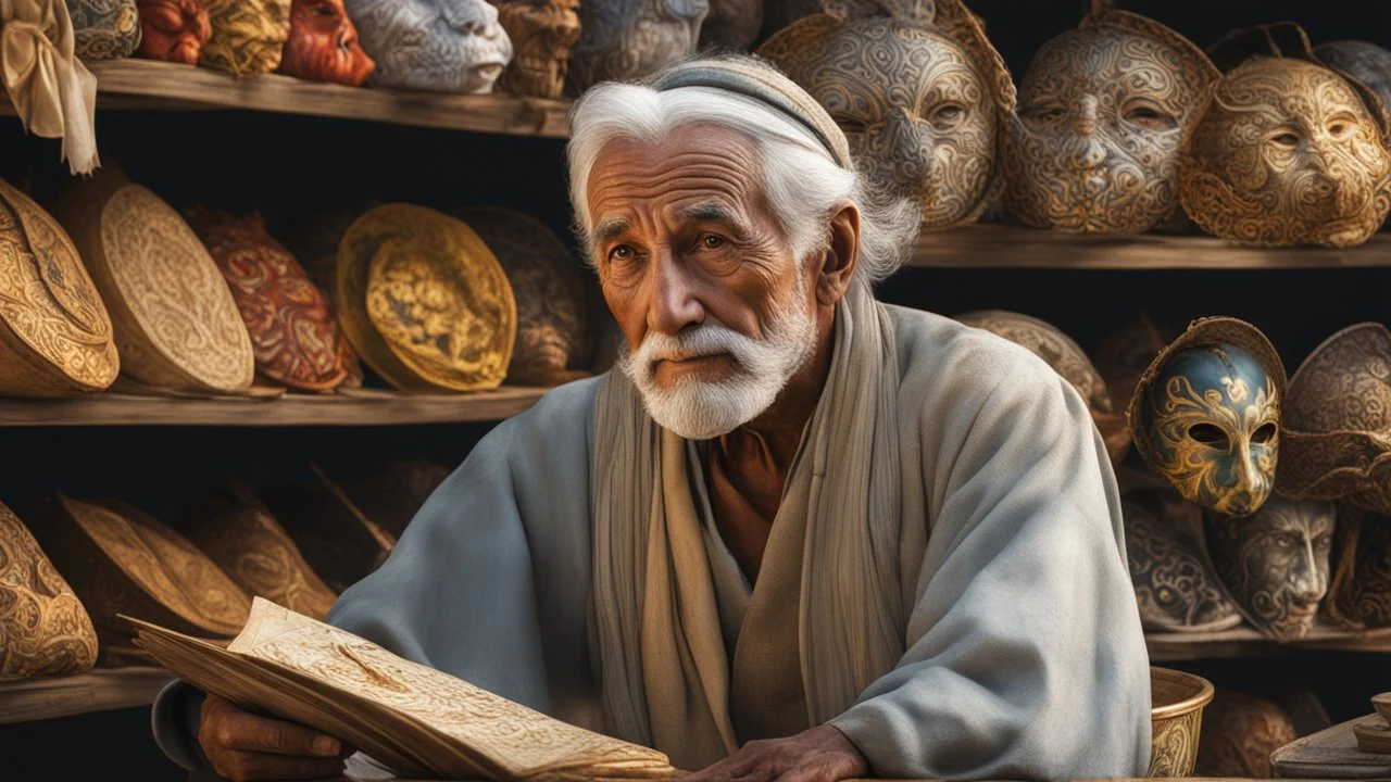 elderly male market trader selling many different types of mask, showing his head and upper body, perfect eyes, perfect anatomy, exquisite composition, beautiful detailed intricate detailed octane render, 8k artistic photography, photorealistic, soft natural volumetric cinematic perfect light, chiaroscuro, award-winning photograph, masterpiece, raphael, caravaggio, bouguereau