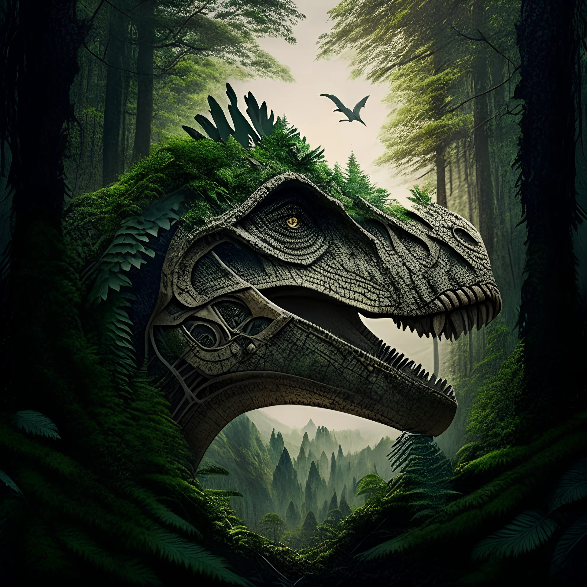 landscape, epic, intricate details, high detail, a dinosaur head emerging from a forest