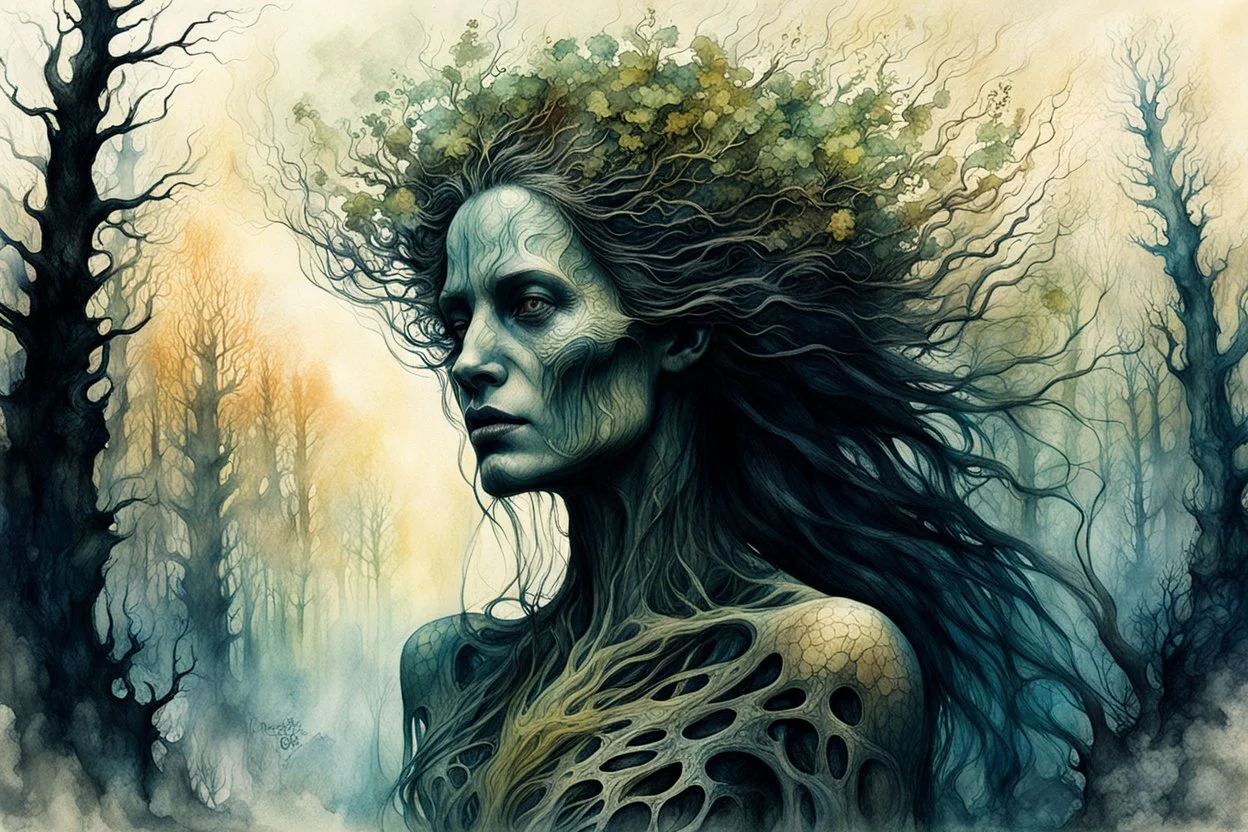 Zdzislaw Beksinski, and Peter Gric style ink wash and watercolor, full body illustration of a transcendent woman , highly detailed facial features, mixed to anatomical body view, visible plant like skeletal structure, wildly flowing hair, 8k octane, all in focus, clean face, no grain, ethereal, otherworldly, Druid Forest Goddess concept art in vibrant natural autumnal colors