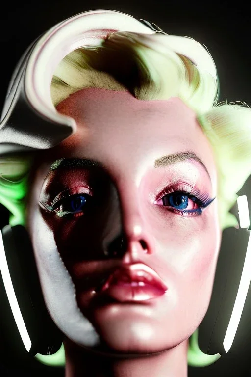 Ultra Realistic image, portrait, blonde woman, sweet Marylin Monroe face, perfect iris, glow eyes, makeup. Retro sci-fi style, helmet, latex coat, fog, rain, soft color, highly detailed, unreal engine 5, ray tracing, RTX, lumen lighting, ultra detail, volumetric lighting, 3d, finely drawn, high definition, high resolution.