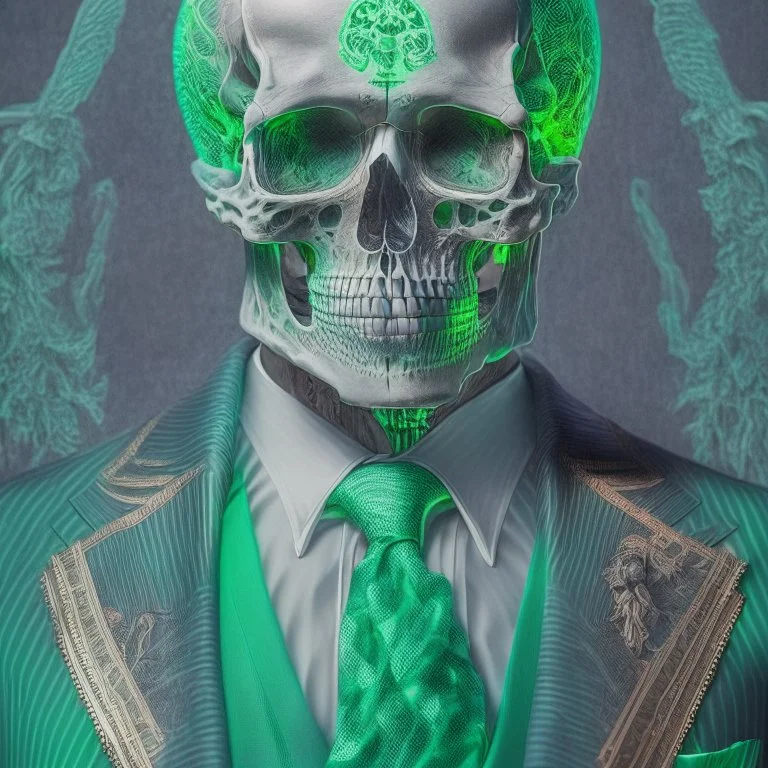 a head and shoulders portrait of a skeleton dressed in a three-piece suit as the president of the united states, based on us currency, united states one dollar bill, shades of green, real-life, colors match the united states one dollar bill, realistic, robotic,