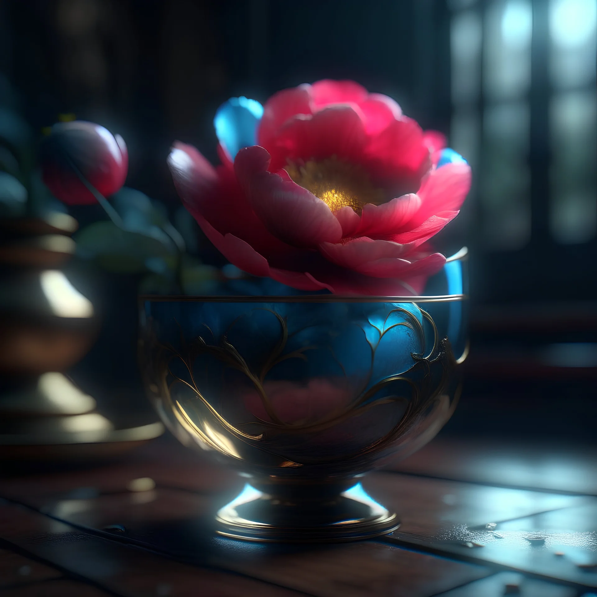 Peony in a glass cup, detailed matte painting, deep colors, fantastic, intricate details, splash screen, complementary colors, fantasy concept art, 8K resolution popular on Artstation Unreal Engine 5"