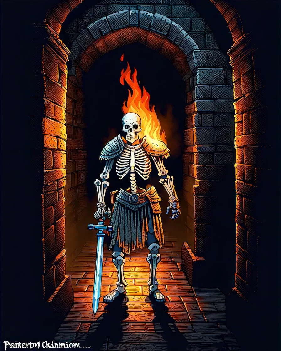 A frightening castle dungeon hallway with a skeleton warrior in rusty chainmail holding a burning torch painterly rpg art