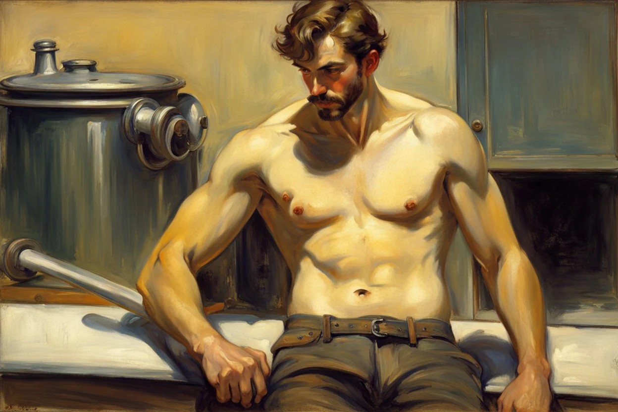 A handsome masculine shirtless scruff greasy dirty mechanic, Edward hopper John singer Sargent oil painting