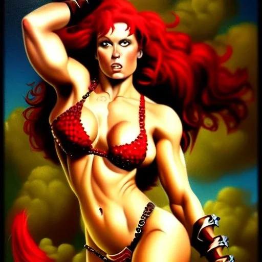 Epic full body portrait of busty atletic young beautiful Red Sonja fighting a Gorilla Boris Vallejo styles