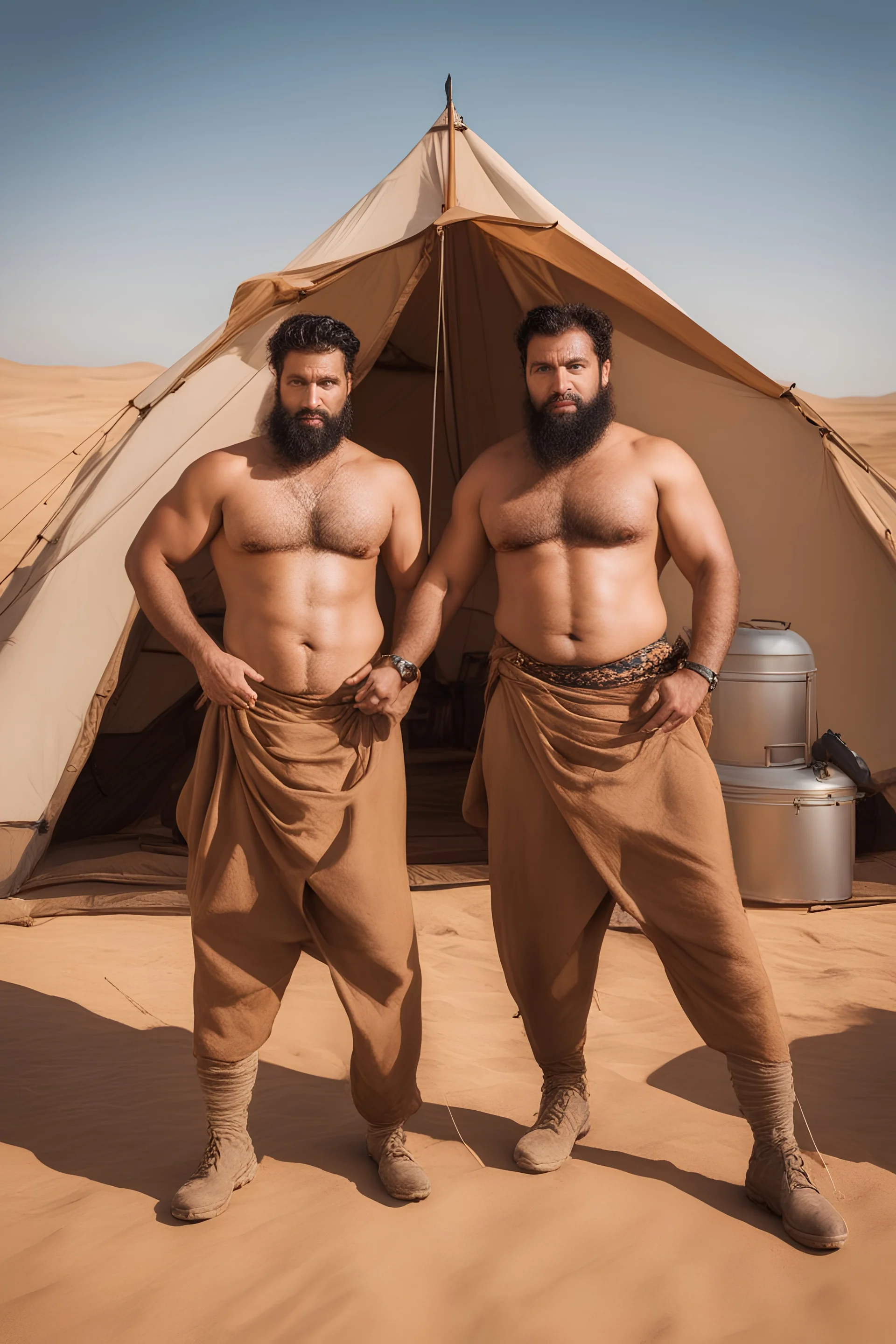 full figure photography of two serious ugly brawn 35-year-old burly beefy bullneck arabs tourist guides wearing bulging traditional trousers, shirtless, big shoulders, hairy chest, manly chest, with very bushy eyebrows, photorealistic, sunlight, ambient occlusion, strong side light , inside a camping tent in the desert