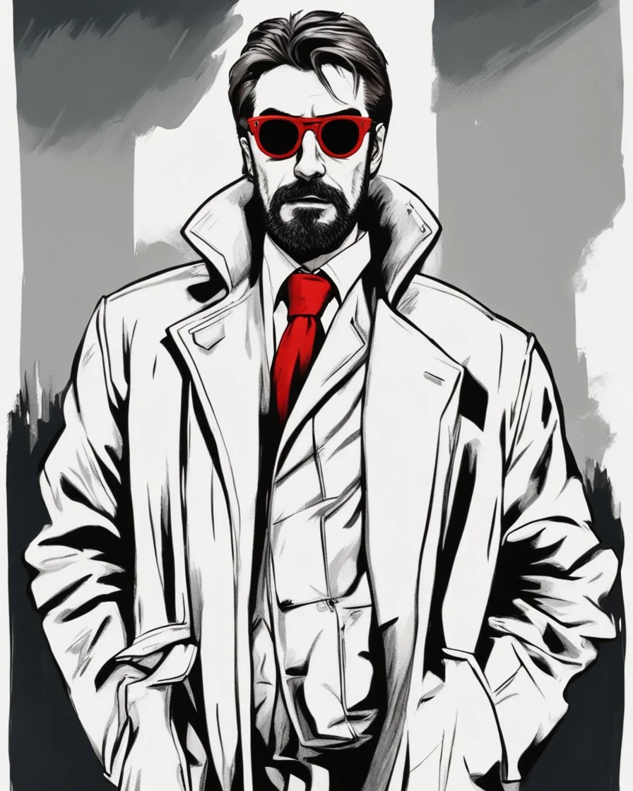 a young man who looks like hans gruber wearing a heavy coat and red sunglasses staring with an irritated look on his face