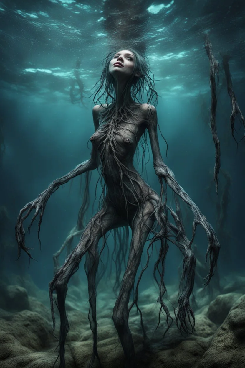 Underwater, girl, fullbody, his skin turned translucent revealing a network of black veins that extended like roots, ragged clothes, nightmarish many legged slimy creature with creepy spindly legs that has never been imagined, 8k, macro photography,