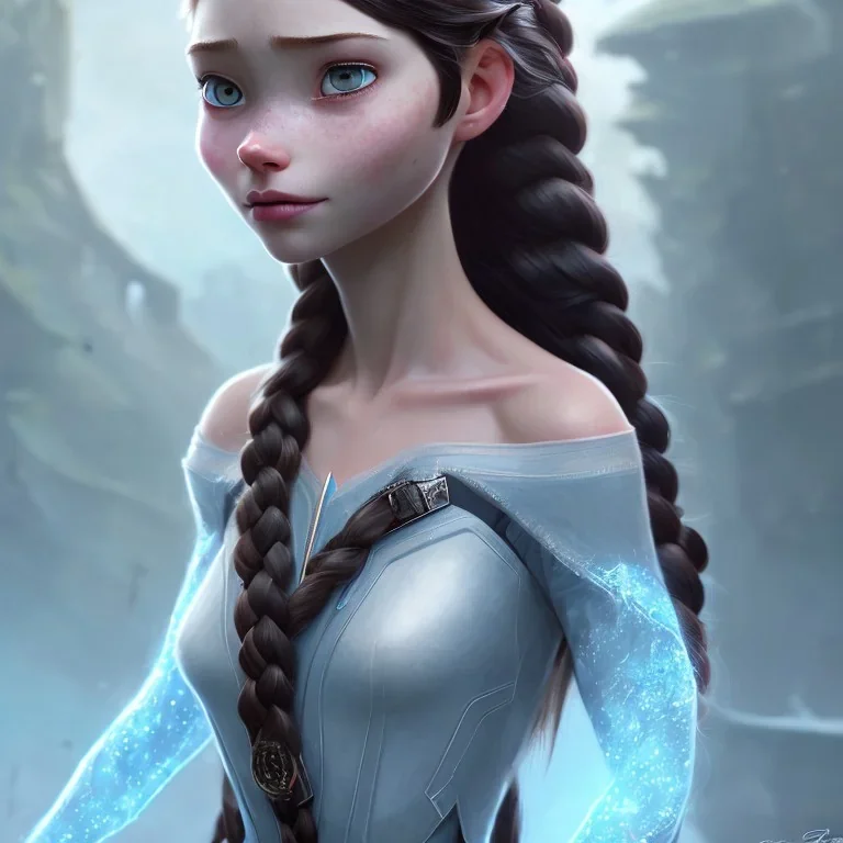 girl, cute, beautiful, black hair, two braids, bangs, blue eyes, big eyes, freckles, long eyelashes, pink lipstick, thin lips, small nose, Anna from Frozen, 8k resolution concept art portrait by Greg Rutkowski