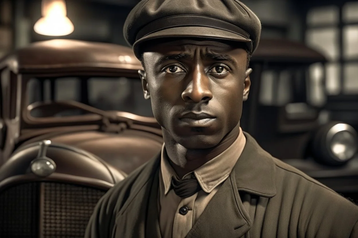 ww1 black driver talking close-up standing up looking to the camera, garage background, normal color pallete