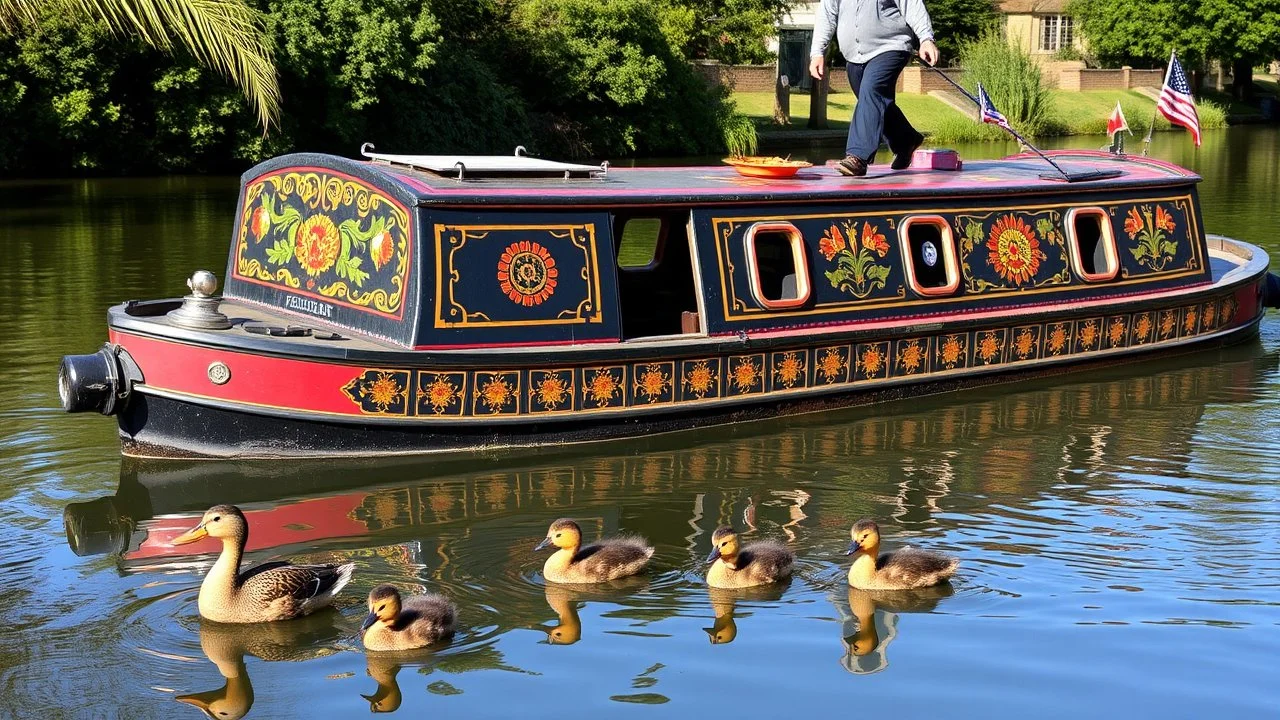 Historic traditional English canal barge, long boat on an English canal. The boat is beautifully painted in an ornate, colourful traditional style. A female duck and five tiny ducklings are swimming on the canal. A wizened old man is standing on the boat. Award-winning colour photograph.