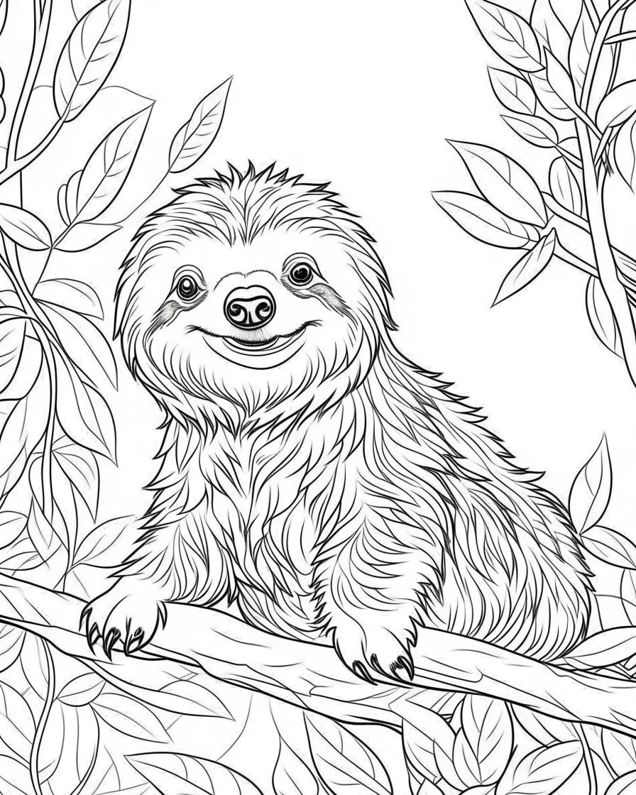 create a 2d black outline, "safari smiling cartoon sloth on a branch coloring book for kids", coloring page, low details design, black contour, coloring page design, simple background, colorful , card style, coloring page for kids, white background, sketch style, safari landscape, cartoon style