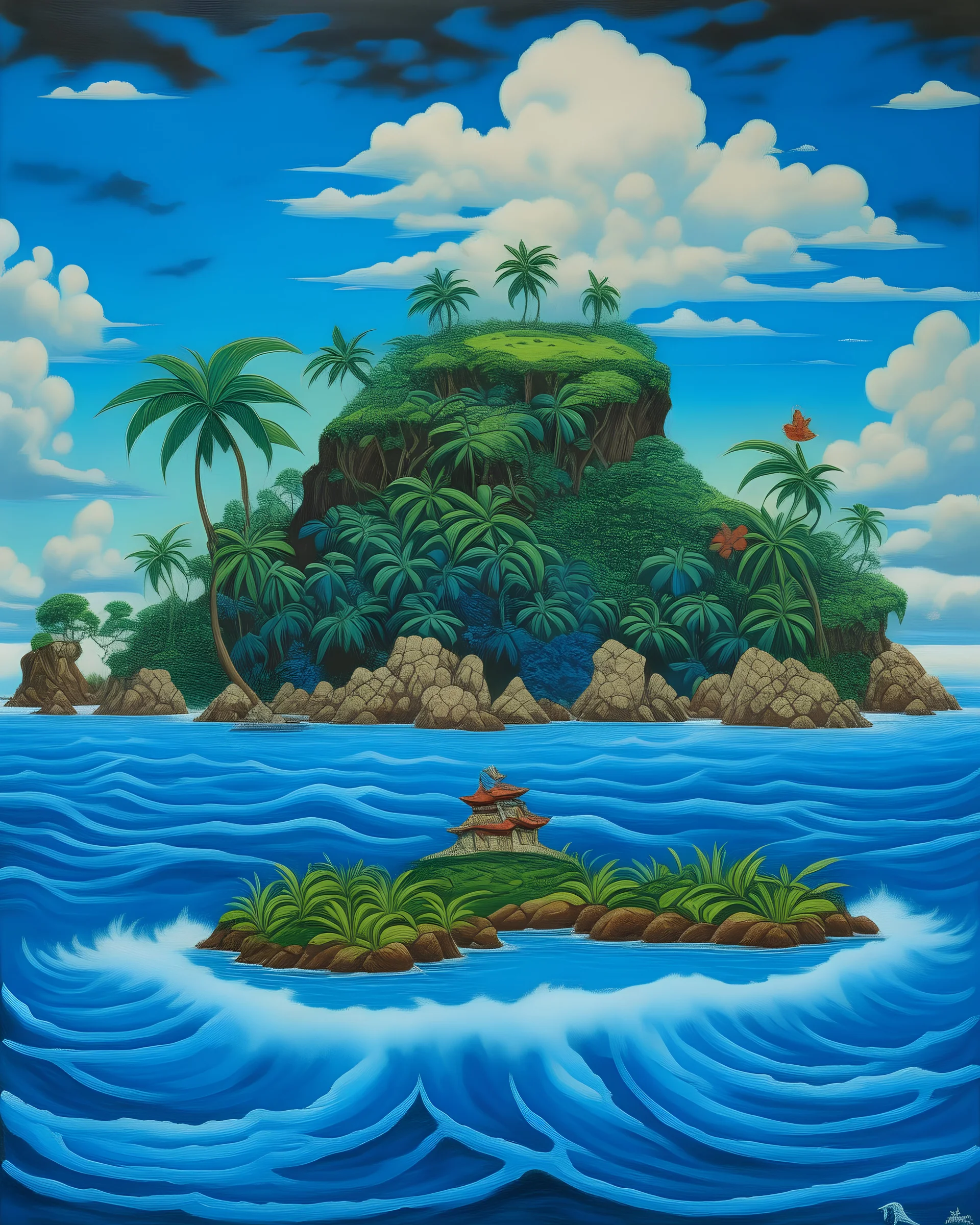 A blue island filled with Hawaiian tikis painted by Katsushika Hokusai