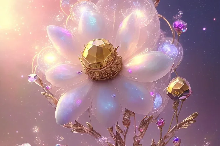 one big crystal subtle flower in a galactic ambiance, transparent petals, delicate colors, in the foreground, with a very little beautiful fairy, full of details, smooth, bright sunshine，soft light atmosphere, light effect，vaporwave colorful, concept art, smooth, extremely sharp detail, finely tuned detail, ultra high definition, 8 k, unreal engine 5, ultra sharp focus