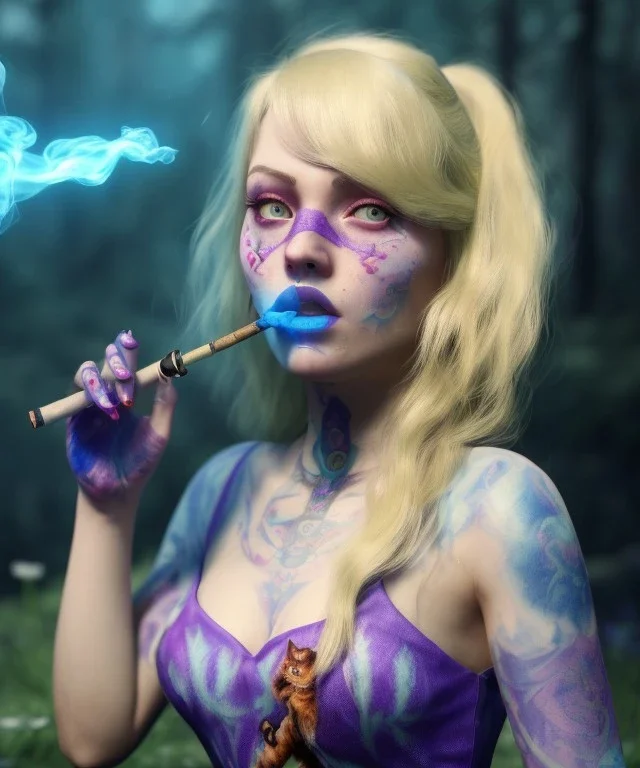 Ultra realistic wonderland photo, happy blonde woman smoking a shisha, blue dress, big purple-cat friend, circus dress style, old school tattoo, smoke, marijuana garden, glow eyes, perfect iris, soft color, highly detailed, unreal engine 5, cinematic, ultra detail, volumetric lighting, high definition.