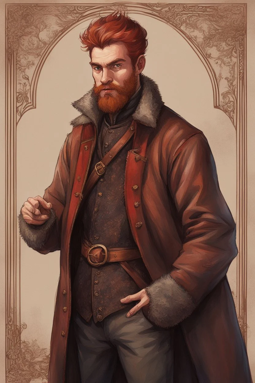 man, medieval, fighter, russian, croocked nose, czar, rich, simple clothes, short messy hair, thick beard, oligarch, leather coat with fur, brocade clothes, pencil drawing,red hair, muscles, background frame, 20 years old, medival leather boots