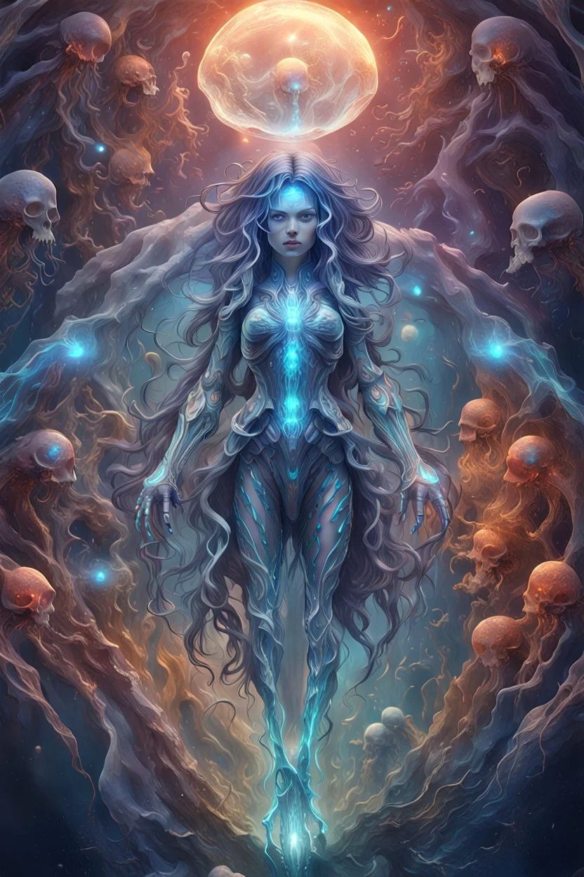 high quality, highly detailed, 8K Ultra HD, Girl made of water, water in the shape of an Girl, Same quality as images using Leonardo.Ai's Alchemy Dynamic, Quality images using Alchemy Dynamic, luminism, 3d render, octane render, Isometric, awesome full color,.bones. A jellyfish Cosmic robot .Fantasy, perfect anatomy, fantasy, vibrant digital art professional award winning masterpiece, oil on canvas Atmospheric extremely detailed Josephine Wall