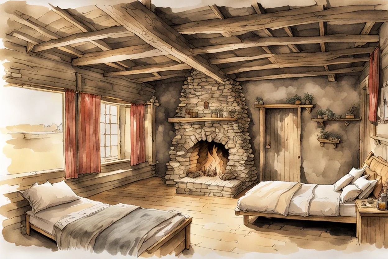 ink wash and watercolor illustration of the highly detailed, dark interior of an historically correct 18th century rough hewn New England clapboard cabin, with dry laid stone fireplace, rustic furniture and bed , kitchen utensils, candles, hanging herbs , curing game meat, in the comic book style of Bill Sienkiewicz and Jean Giraud Moebius ,rich earth tone colors,