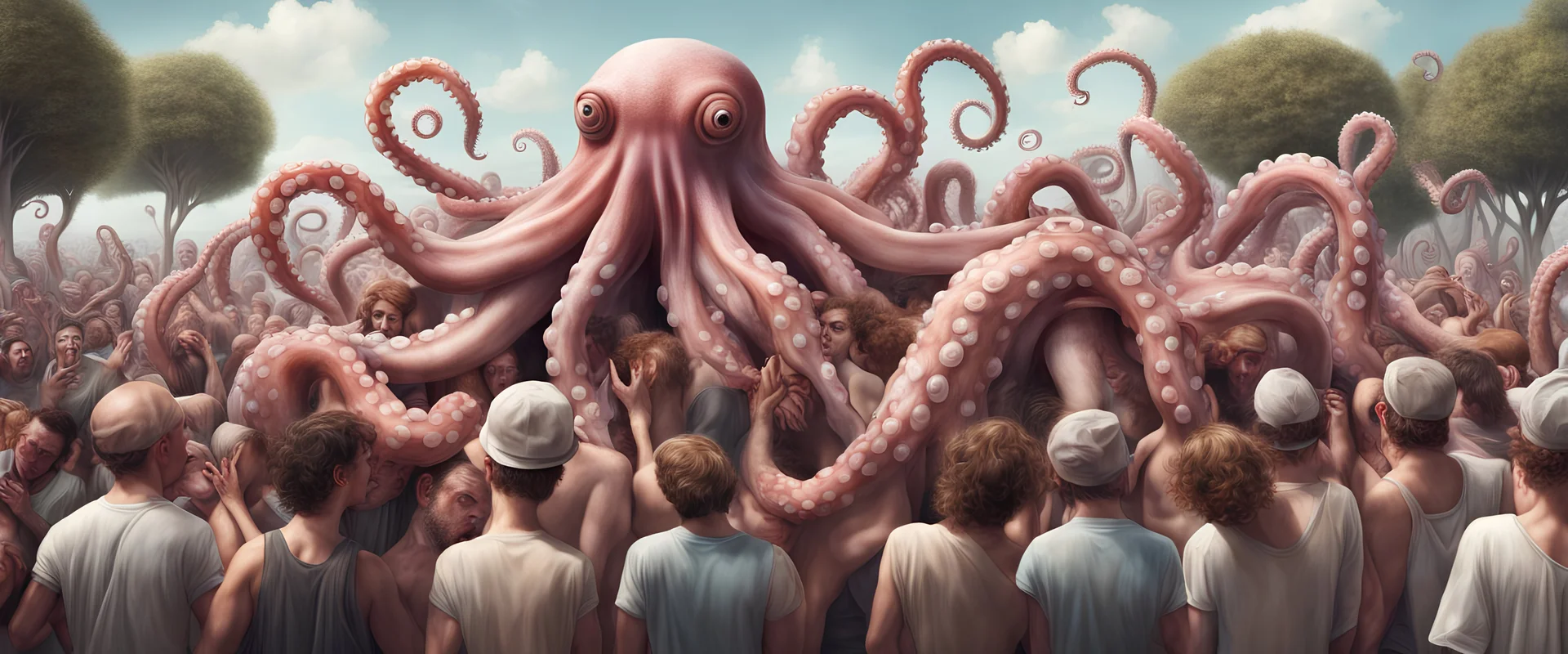 surreal outdoor summer crowd scene, everybody has octopus-tentacle arms, very high detail, photorealistic