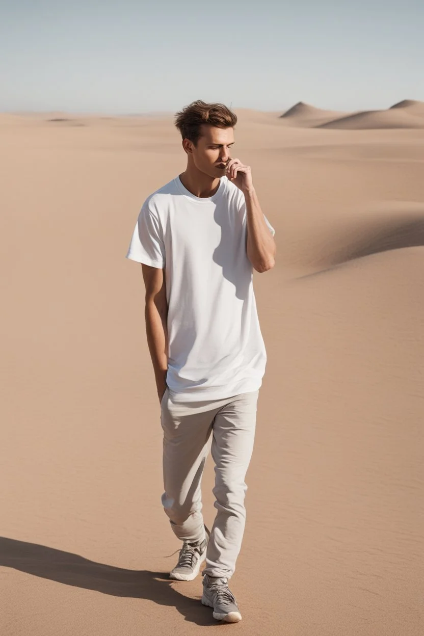 A 25-year-old boy in a men's sports t-shirt is walking in the desert, thinking with his head down and smoking a cigarette