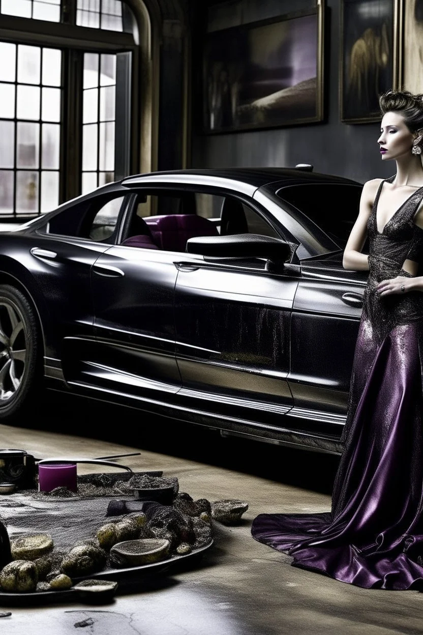 "prompt": "A dark, moody, surreal scene of a rugged auto mechanic at a decadent high tea. Instead of workwear, he now wears a flowing, high-fashion silk gown — glossy black with crimson undertones, draped dramatically yet smeared with streaks of oil and dust. BALL gown clings to his BUFF muscular frame while long folds cascade onto the cracked marble floor. He sits at a grand, candlelit tea table covered in black velvet, where tarnished silver trays hold eerie pastries, shattered porcelain cups