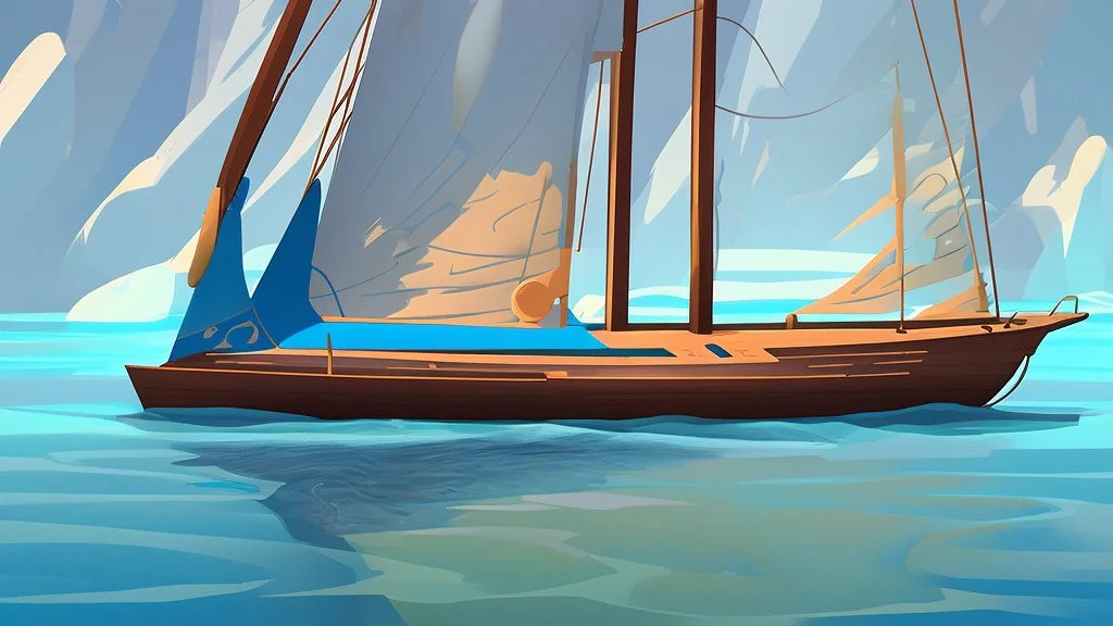 fantasy cartoon illustration: one new wooden yacht in the blue see