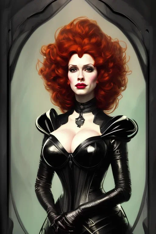 painting of christina hendricks as evil queen in black leather, feminie, angry, volouptous, busty, cleavage, emperious, mature, highly detailed, digital painting, artstation, concept art, smooth, sharp focus, illustration, art by gaston bussiere and alphonse mucha