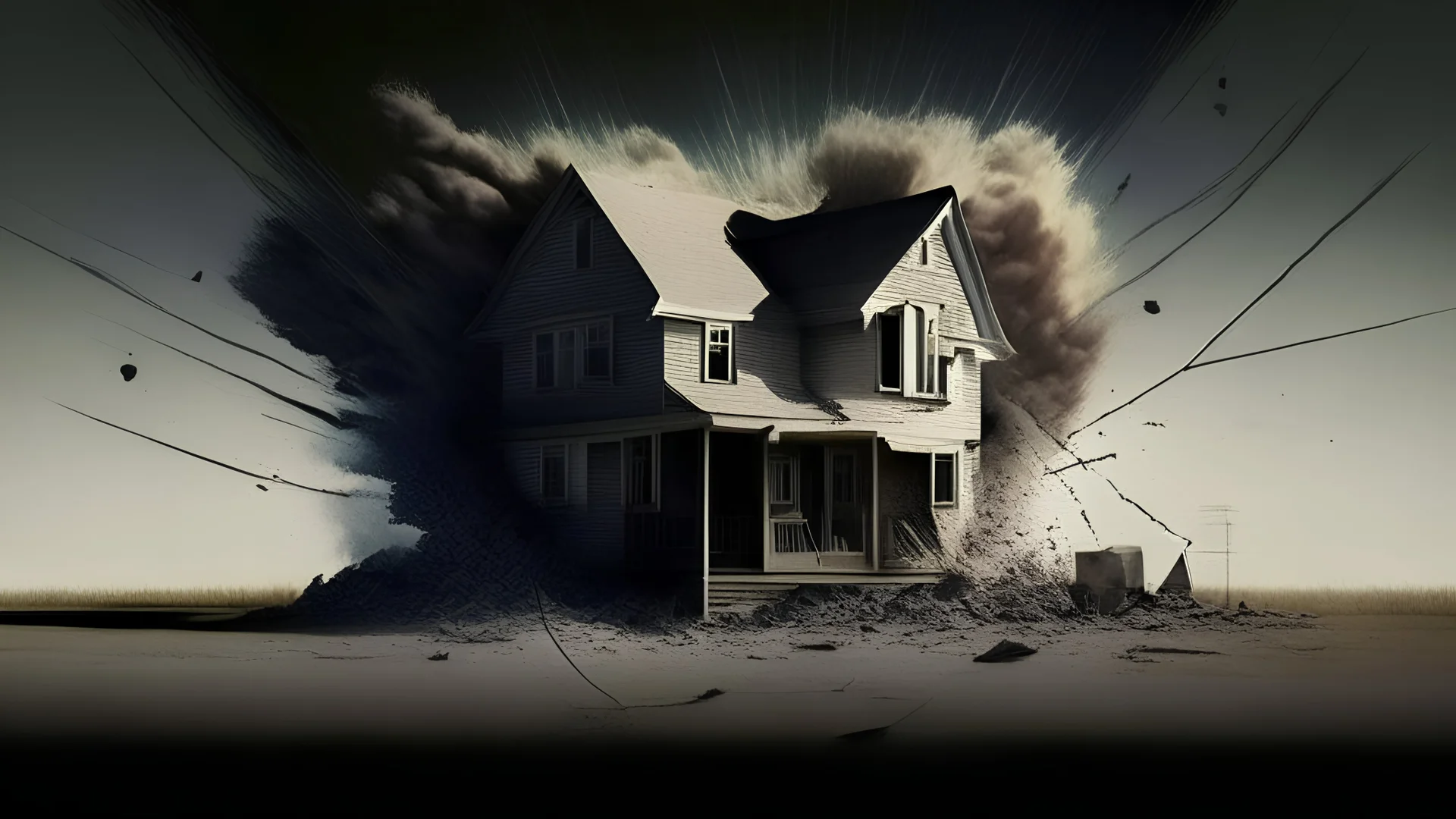 The nuclear weapon exploded far away from the house, and the powerful shock wave hit the house, leaving only five sides of the house, the rest is shadow, and the ground is full of shock waves