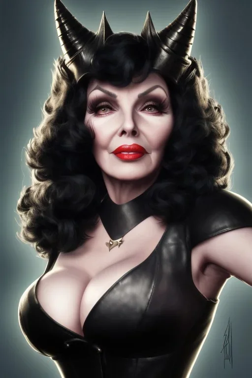 Joan Collins as evil queen in black leather, leather, busty, cleavage, angry, stern look. character design by cory loftis, fenghua zhong, ryohei hase, ismail inceoglu and ruan jia. unreal engine 5, artistic lighting, highly detailed, photorealistic, fantasy