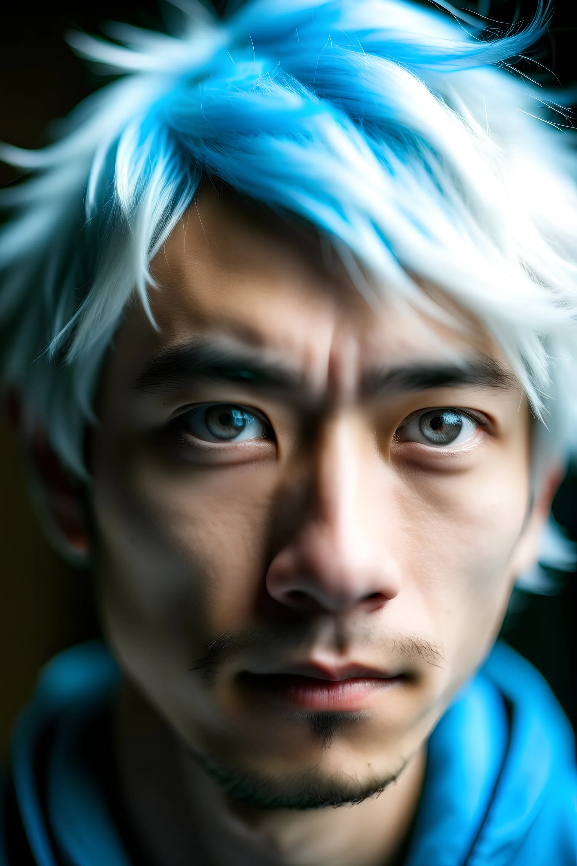 portrait of a young japanese man with messy white hair and big bright blue eyes