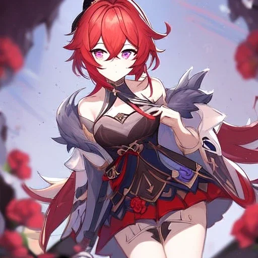 Clear focus, High resolution, rough line sketch art, long light red hair, hair between eyes, fluffy hair, purple eyes, wearing a off shoulder shirt, no spaghetti strapes, dark aura, 1girl, wearing a skirt, genshin impact, genshin impact style outfit, (detailed outfit), (Lots of ribbons and flowers on outfit), ahoge, red bow behind head