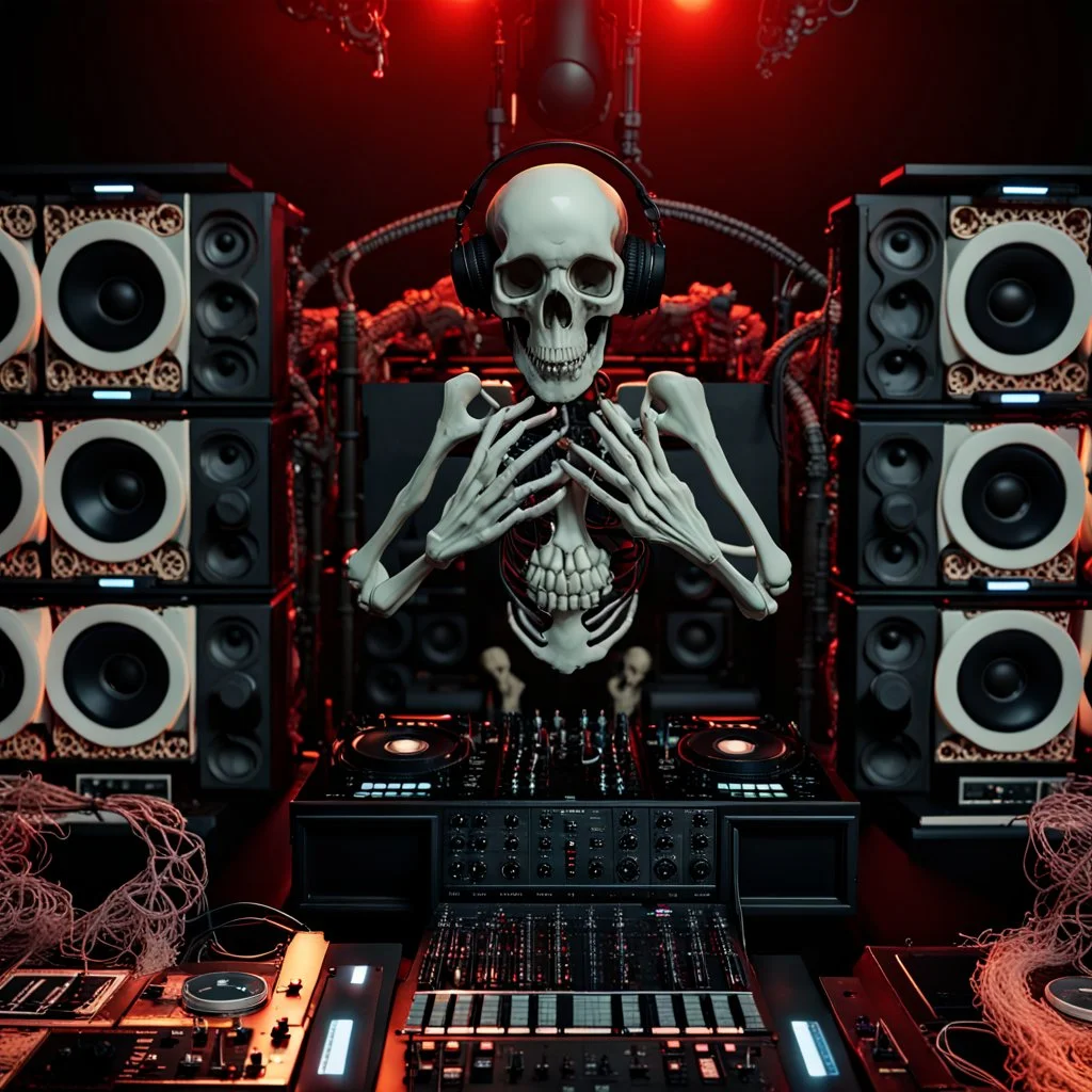 DJ of the damnded, insanely detailed DJ booth in hell, MID set, speakers and equipment made of bone, anatomically correct, add more skulls in th audience, photorealism, vray, 8k 3d