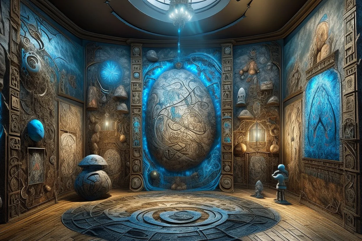 photorealistic "dimensional portal made of subatomic particles" in a gigantic Neanderthal jeweled palace hyeroglyphs on the walls, thunderbolt storm, many strange prehistoric lifeforms praying