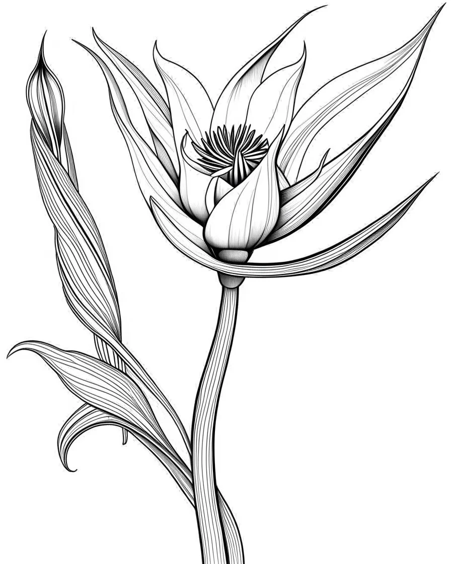 real massive only Bird of Paradise flower, coloring page, no leaves, full body (((((white background))))), only use an outline., real style, line art, white color, clean line art, white background, Sketch style