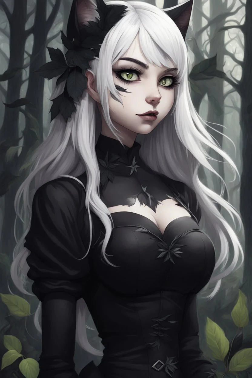 CAT GIRL, goth, forest, nature, cartoon, leaves, half black half white hair, boobs, portrait