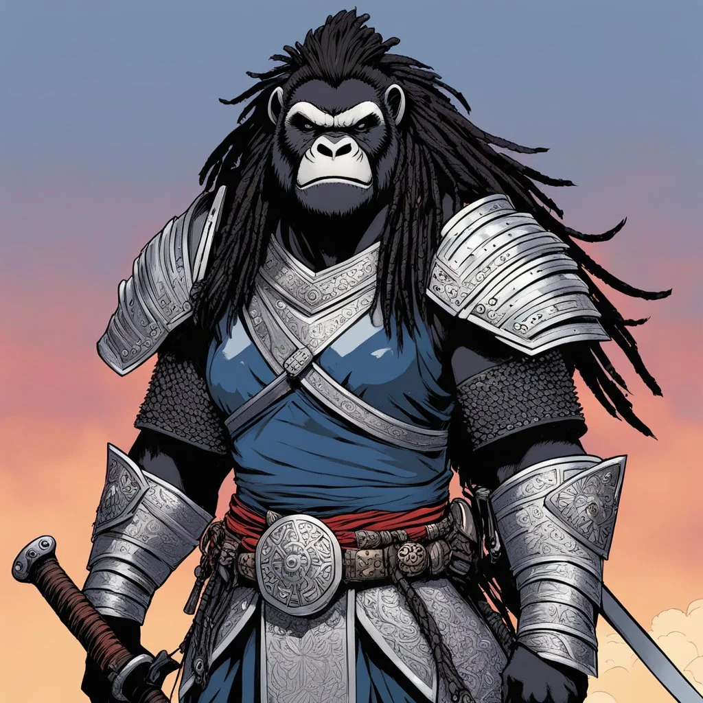 [comics Head Lopper style by Andrew MacLean] a gorilla female with dreadlocks, clad in intricate samurai armor, stood poised on high guard, her keen eyes scanning the horizon for any sign of danger. In her powerful grip, she wielded a gleaming katana, its blade reflecting the light with a deadly glint.