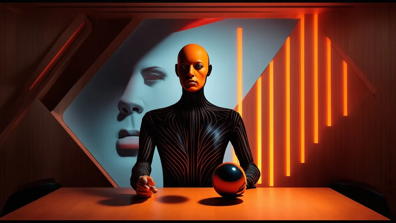 The image features a stylized interior space with a futuristic design. It includes angular wooden structures and a large, abstract face in the background outlined with orange stripes. A figure in a black and orange skin suit sits at a table, holding a spherical object. The overall ambiance combines elements of modernity and surrealism, highlighted by the interplay of light and shadow.