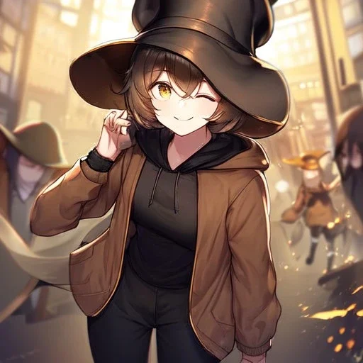 Clear focus, High resolution, short brown spiky hair, hair between eyes, eyes closed, wearing a brown detective hat, wearing a brown jacket and a black shirt, wearing black shorts, 1girl, pulling hat down, smiling, wearing a oversized hoodie