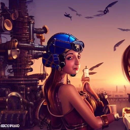 great illustrator, spanish, realistic rendering of a cute spanish girl kissing another cybergirl,steampunk style. Helmet with tubes. Machinery in the background. Robotic bird flying. High details. 4k. unreal engine, sunset