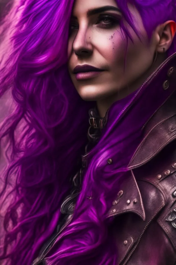 Ultra realistic photo of a steampunk woman ,, wearing leather jacket, long purple and pink hair, , 8k, highest quality,