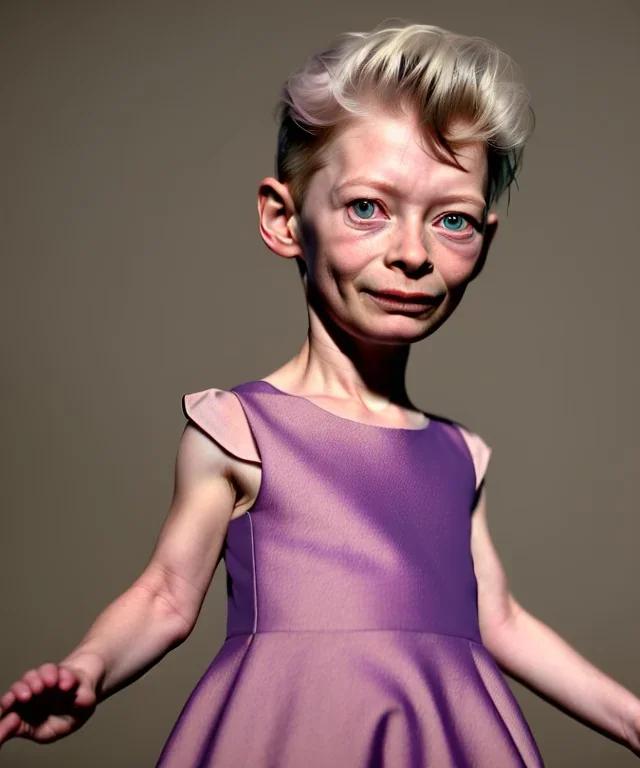 Tilda swinton toddler, full body, shoe, dress, soft skin, dramatic lighting, hyper realistic